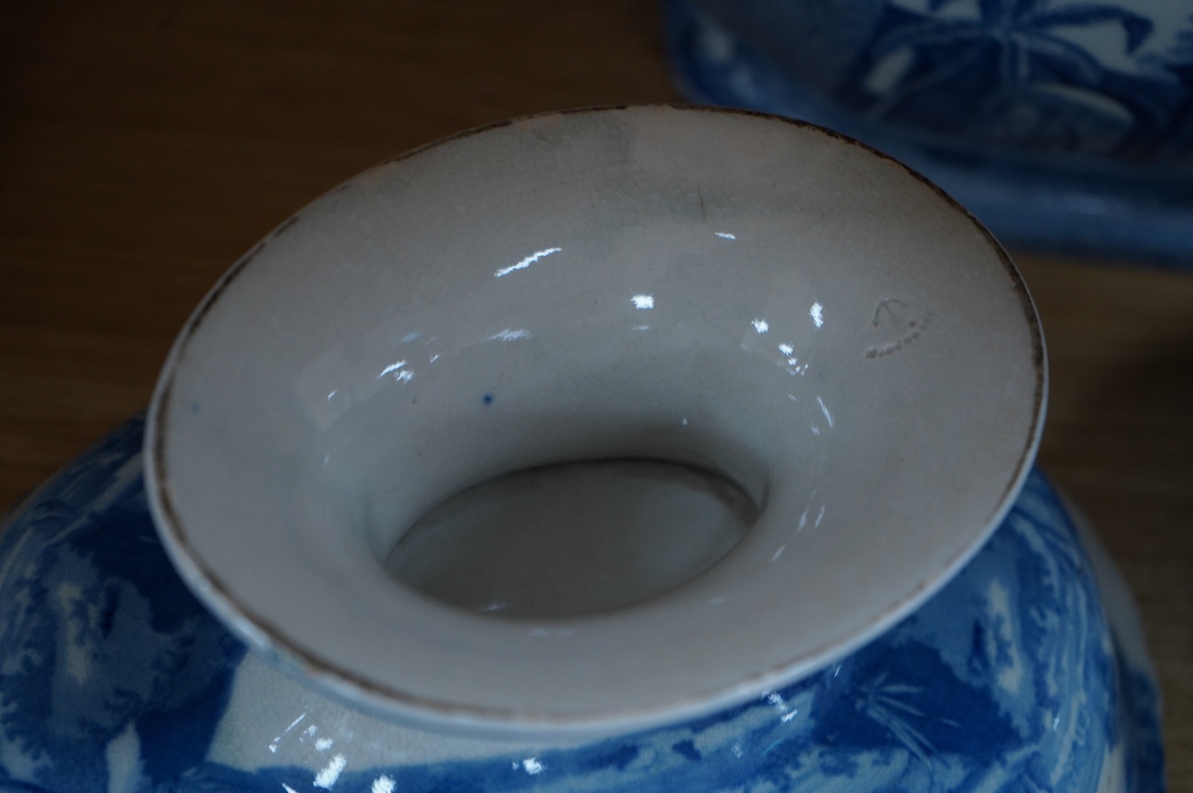 A group of Victorian blue-printed dinner wares, including a Chinese blue and white dish and a Wade bird (13).